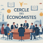 Illustration cercle des économistes groupe autour table débat