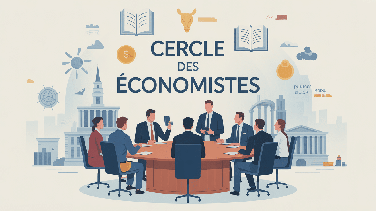 Illustration cercle des économistes groupe autour table débat