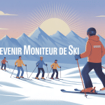 comment devenir moniteur de ski, moniteur et élèves en station sur fond de montagnes enneigées