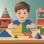 Tangram Montessori, pièces colorées et enfant manipulant sur table en bois