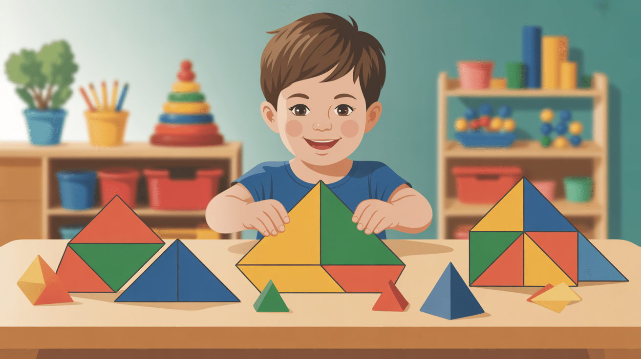 Tangram Montessori, pièces colorées et enfant manipulant sur table en bois