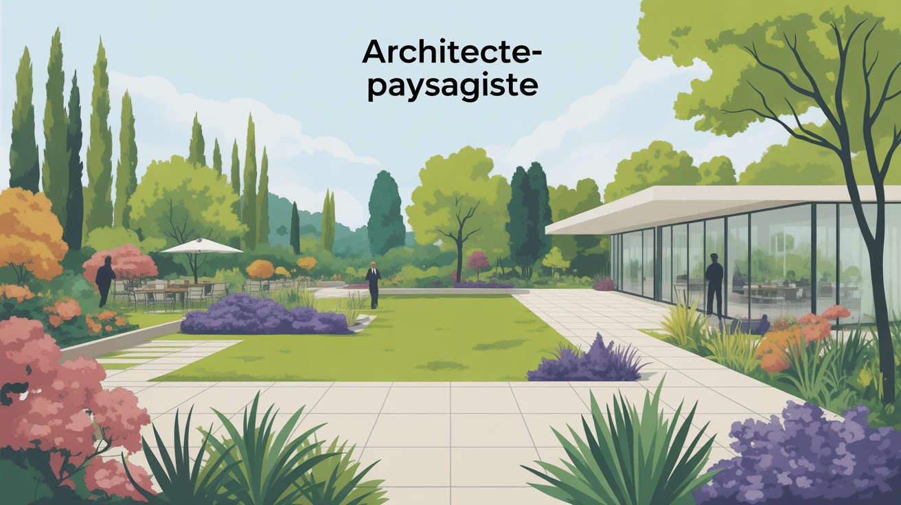 Vue globale métier architecte-paysagiste, jardin moderne, espaces variés