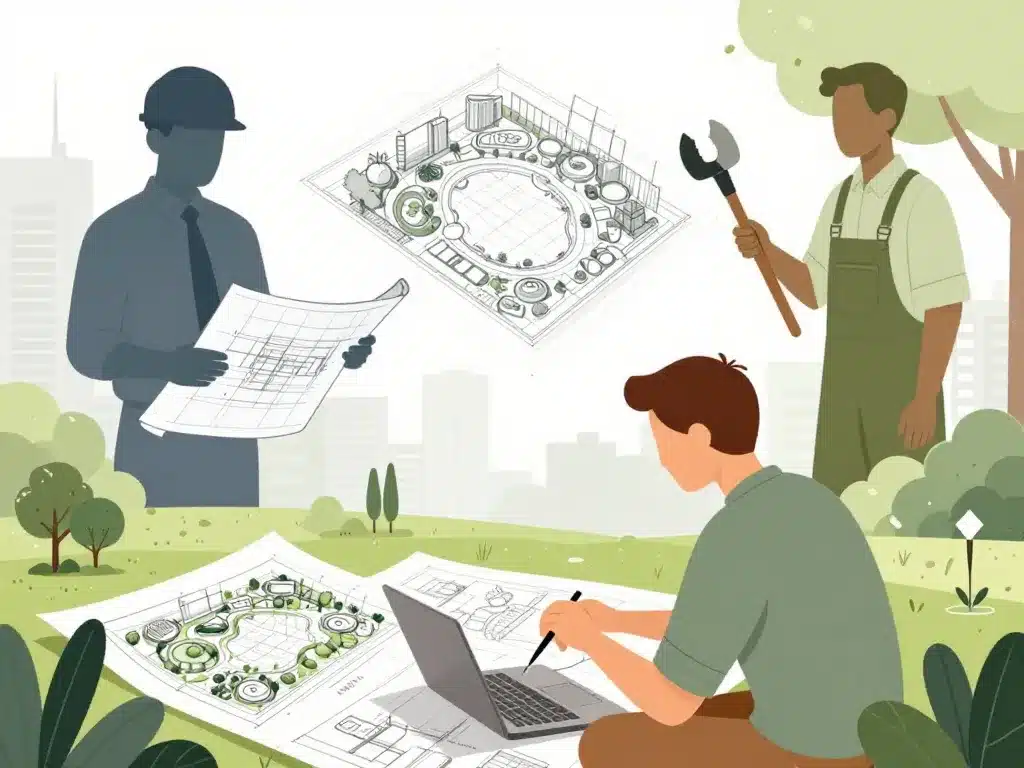 Architecte-paysagiste vs jardinier illustration, plans et ambiance urbaine