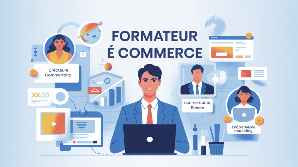 Formateur e commerce guidant profils digitaux illustration
