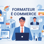 Formateur e commerce guidant profils digitaux illustration