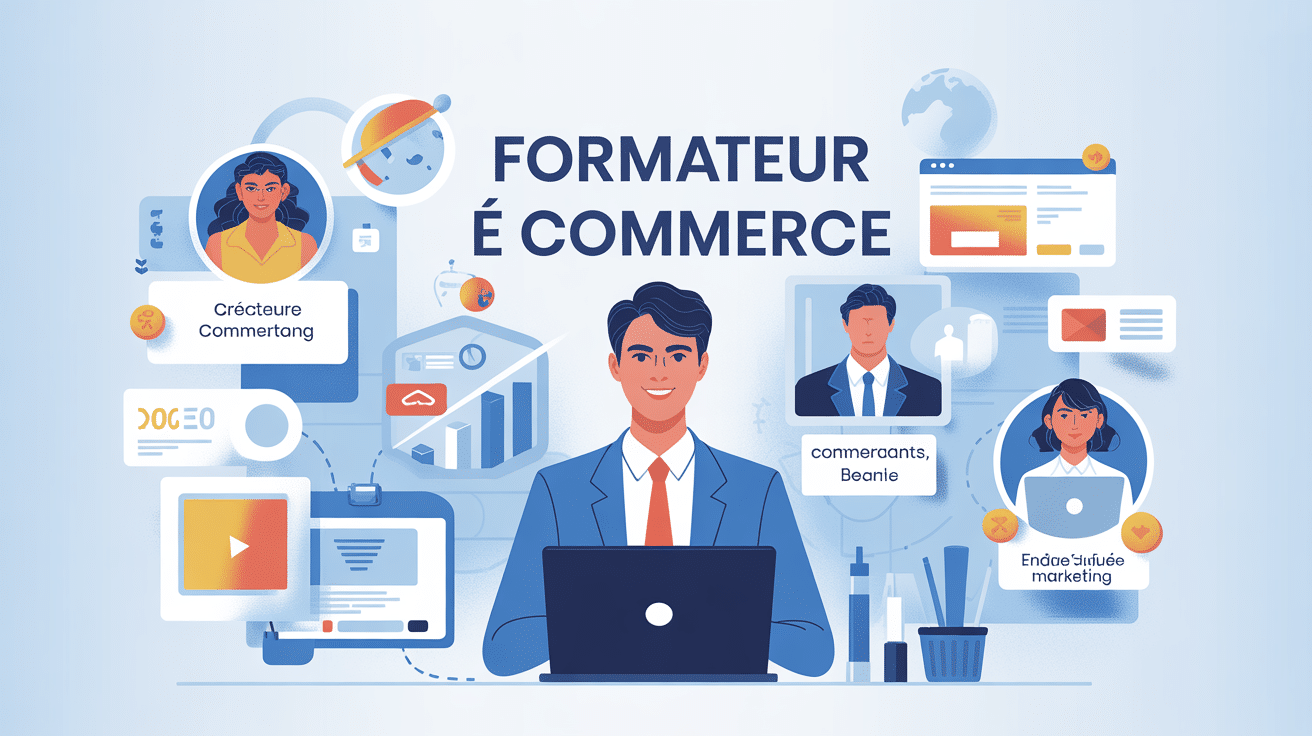 Formateur e commerce guidant profils digitaux illustration