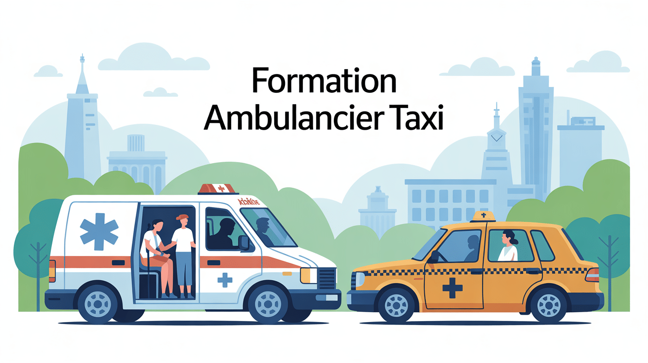 Illustration formation ambulancier taxi véhicule et professionnels