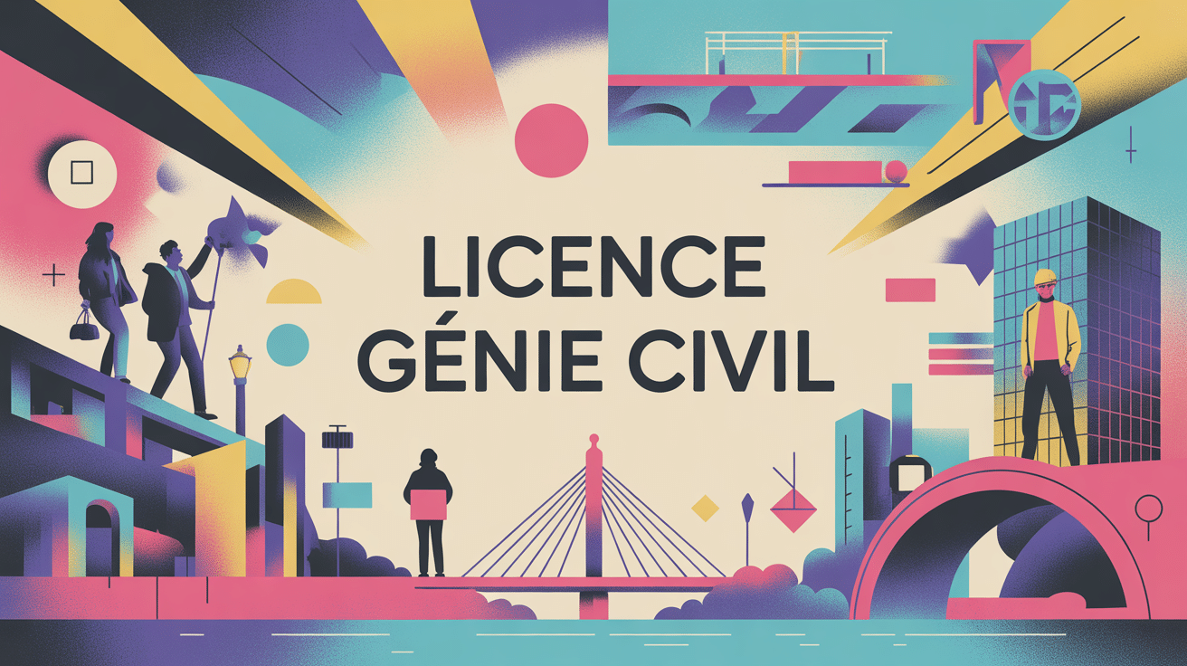 Illustration licence génie civil avec étudiants, plans et bâtiments modernes