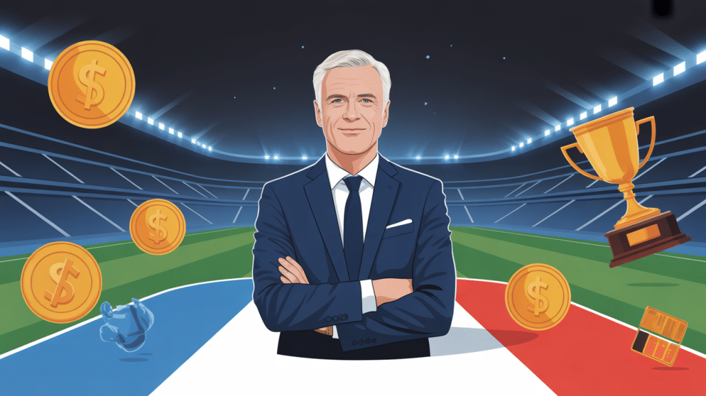Illustration salaire de Didier Deschamps, entraîneur stylisé, symboles financiers, ambiance performance