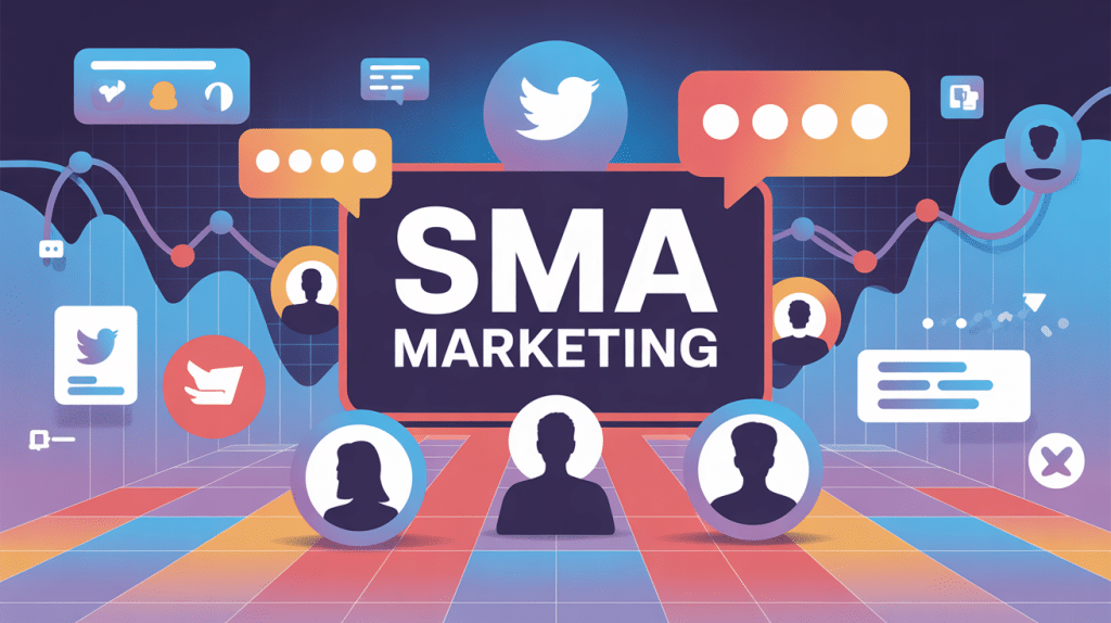 Illustration SMA marketing avec icônes réseaux sociaux