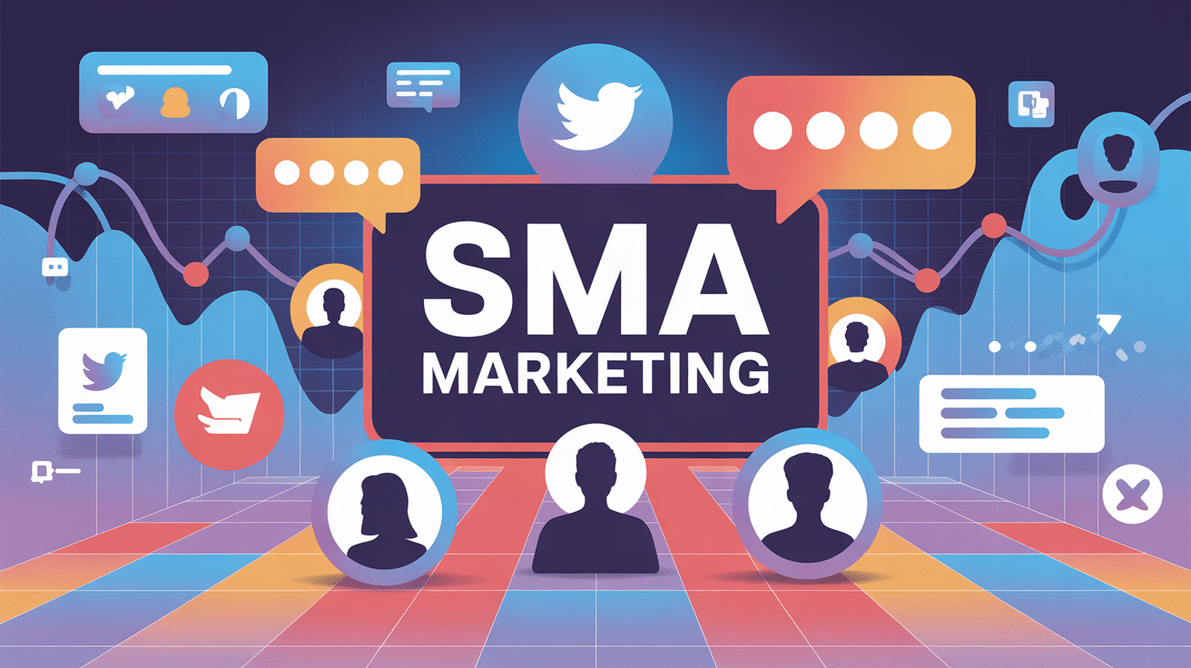 Illustration SMA marketing avec icônes réseaux sociaux