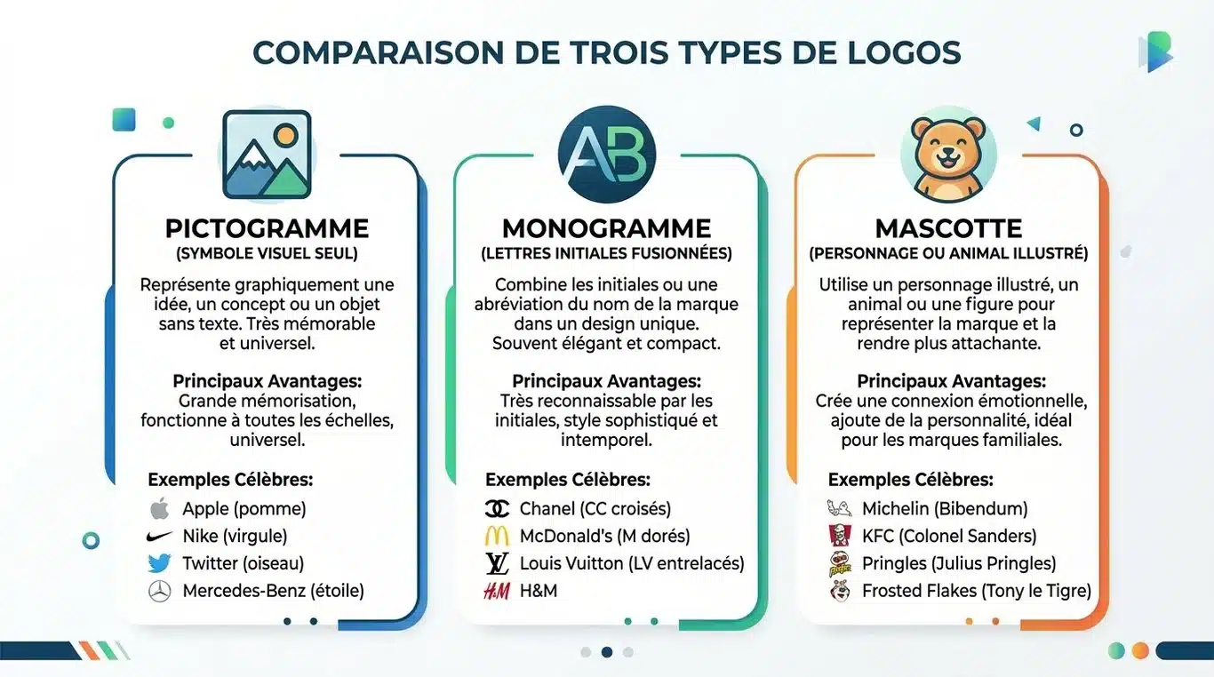 Infographie comparative des types de logos : pictogramme, monogramme et mascotte