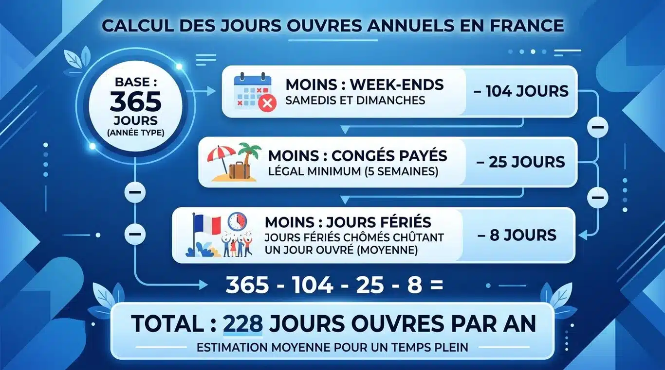Infographie : calcul du nombre de jours travaillés par an en France