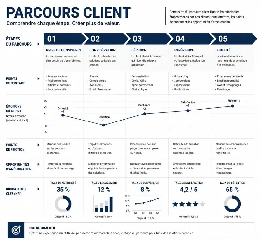 Infographie illustrant les étapes clés d'une formation parcours client et cartographie de l'expérience utilisateur