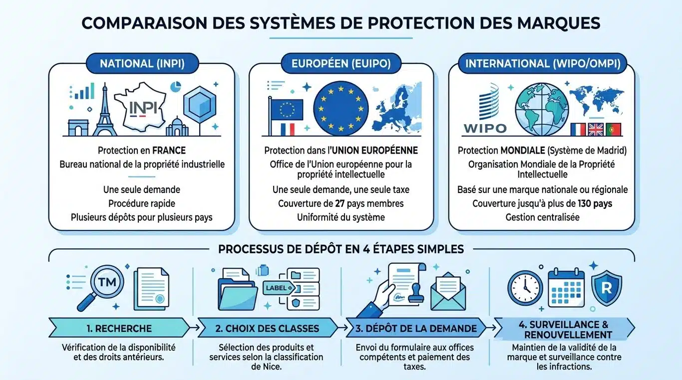 Infographie comparative des systèmes de protection de marque et étapes du dépôt