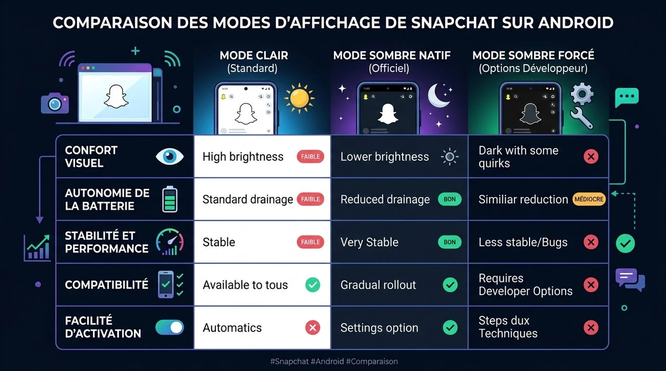 Tableau comparatif des modes d'affichage sur Snapchat Android