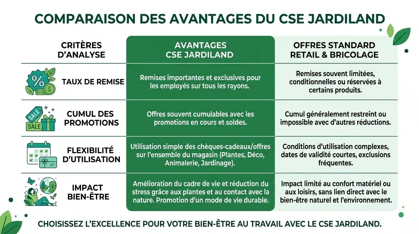Infographie comparative des avantages CSE Jardiland par rapport aux autres enseignes