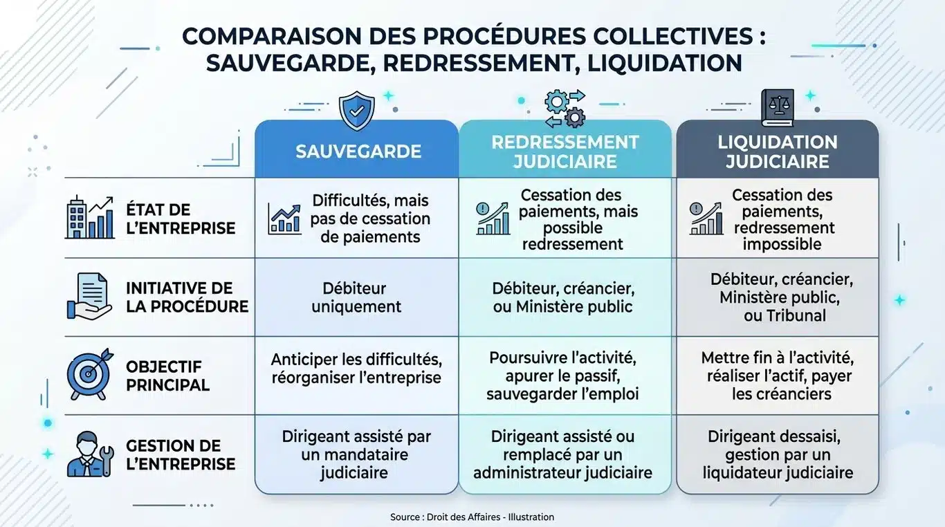 Infographie comparative des procédures collectives : Sauvegarde, Redressement et Liquidation judiciaire