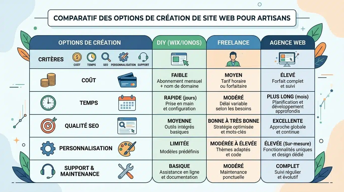 Infographie comparative des solutions de création de site web pour artisans : DIY, Freelance et Agence Web.