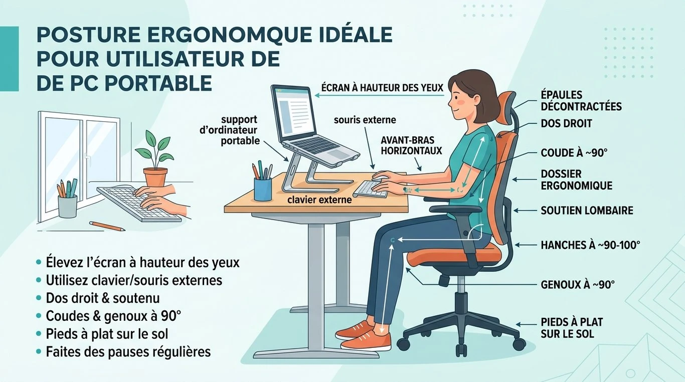 Schéma de la posture ergonomique idéale pour travailler sur un ordinateur portable