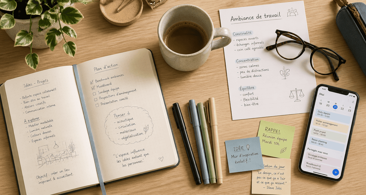 ambiance travail bureau flat lay carnet café