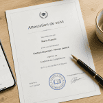 attestation suivi de formation imprimée avec stylo et tampon