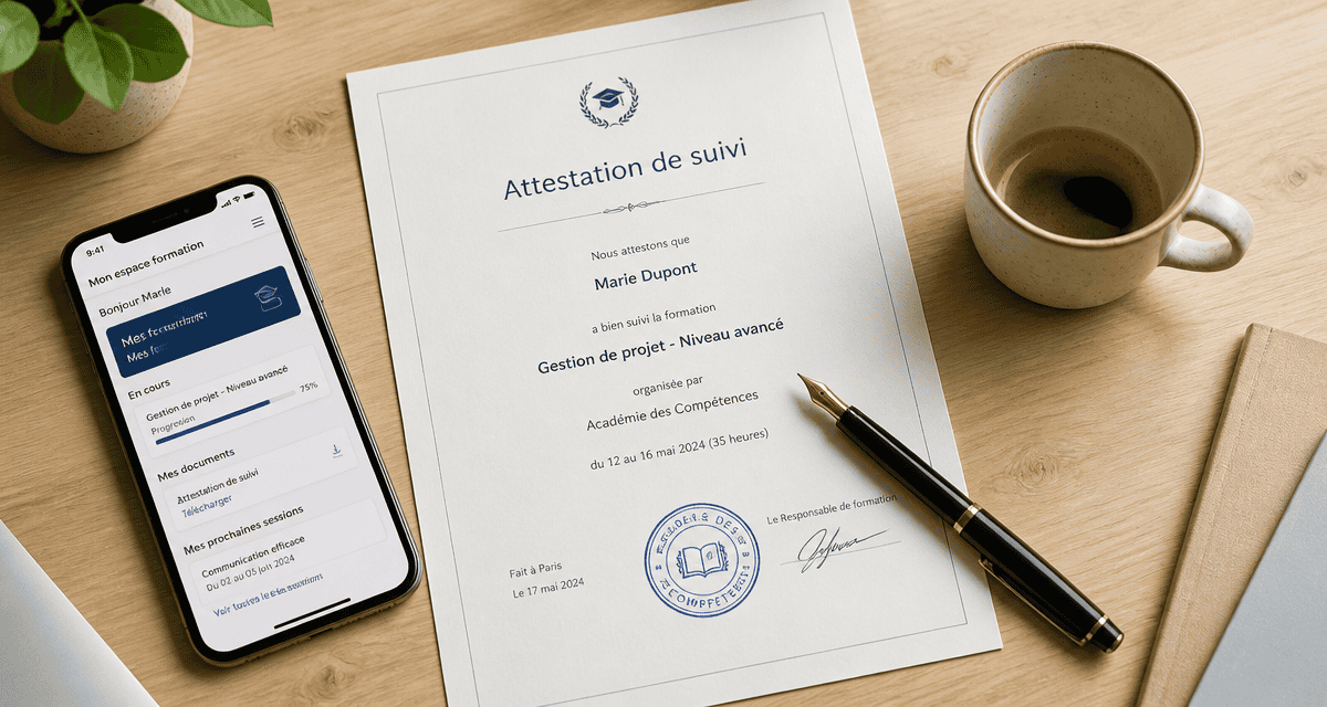 attestation suivi de formation imprimée avec stylo et tampon