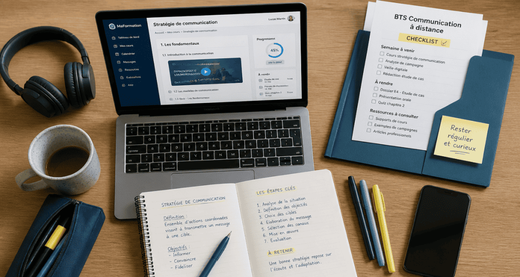 BTS communication à distance, bureau d’étudiant avec ordinateur et checklist