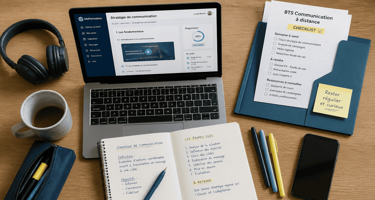 BTS communication à distance, bureau d’étudiant avec ordinateur et checklist