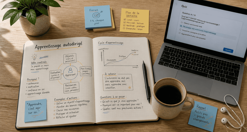 Bureau d'autoformation avec carnet et ordinateur