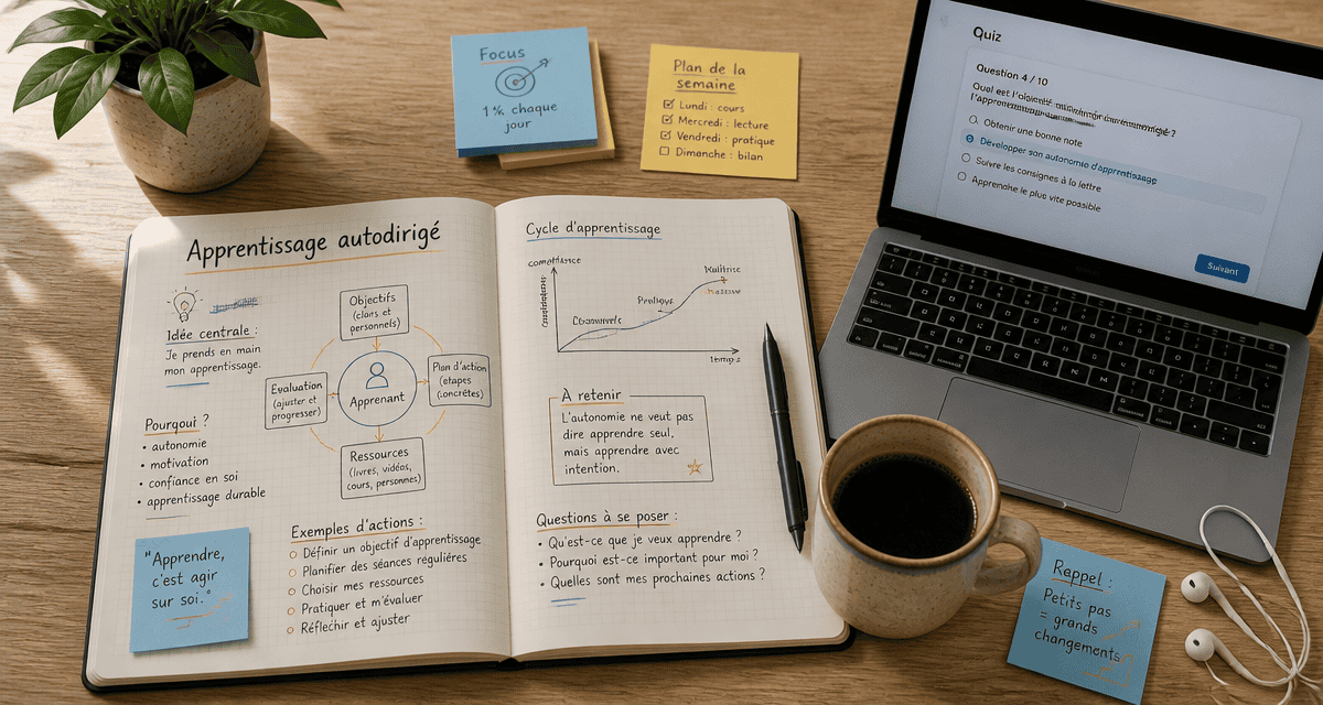 Bureau d'autoformation avec carnet et ordinateur