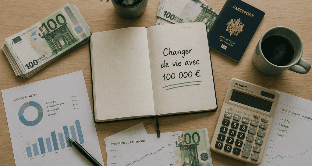 Changer de vie avec 100 000 euros, bureau, carnet et argent