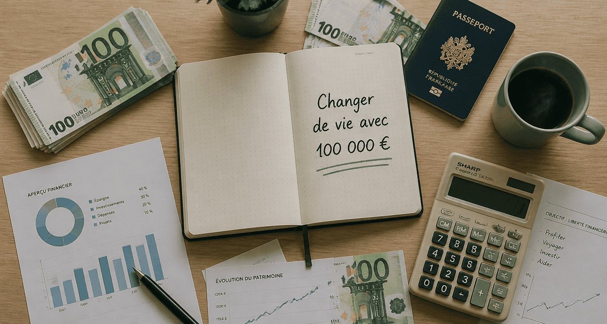 Changer de vie avec 100 000 euros, bureau, carnet et argent