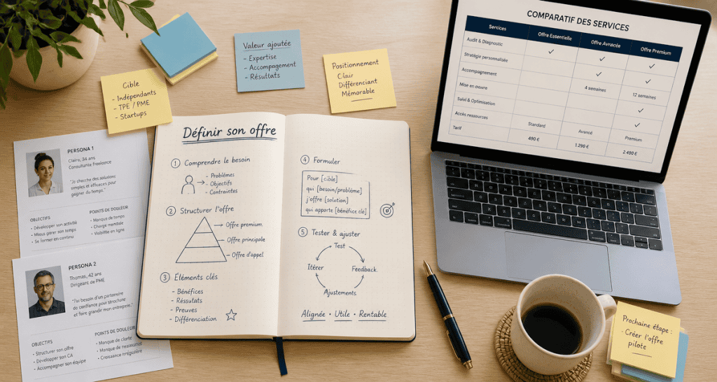 définir son offre sur bureau avec carnet et schémas