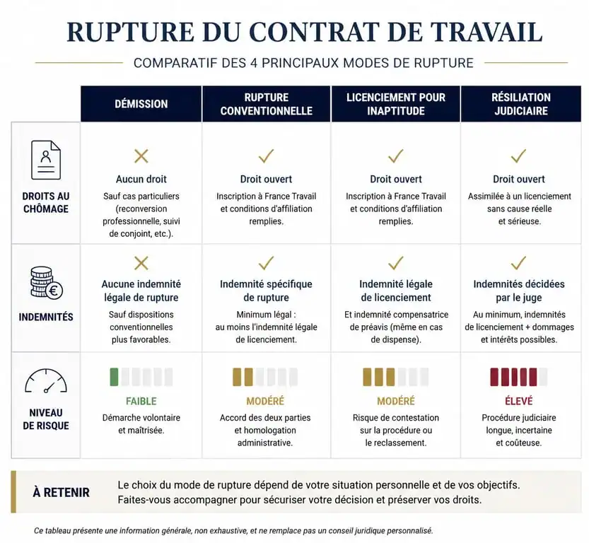 Tableau comparatif des modes de rupture de contrat après un burn-out : droits au chômage et indemnités