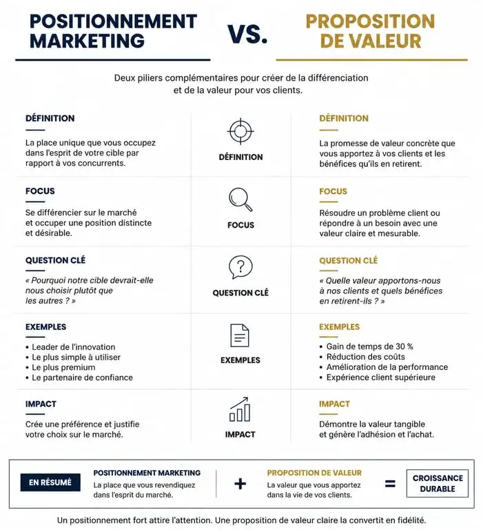 Infographie comparative entre le positionnement marketing et la proposition de valeur pour une stratégie de marque efficace
