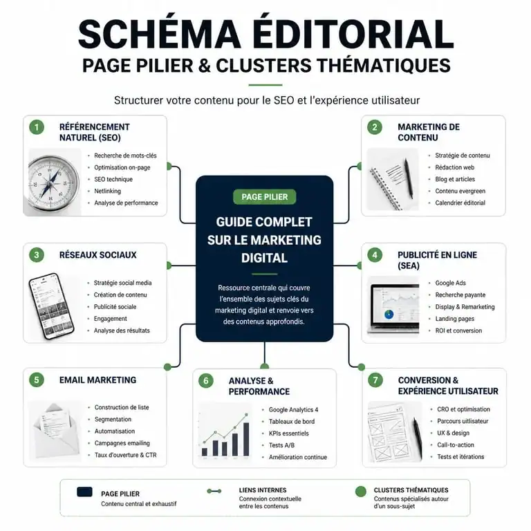 Schéma d'une stratégie éditoriale SEO avec page pilier et clusters de contenu