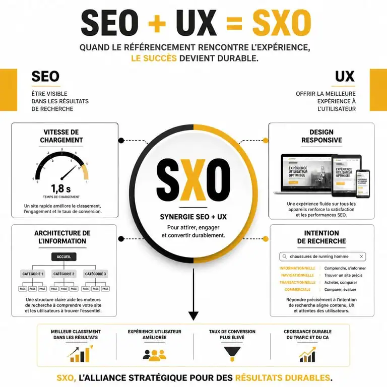 Infographie illustrant la synergie entre SEO et UX pour le SXO