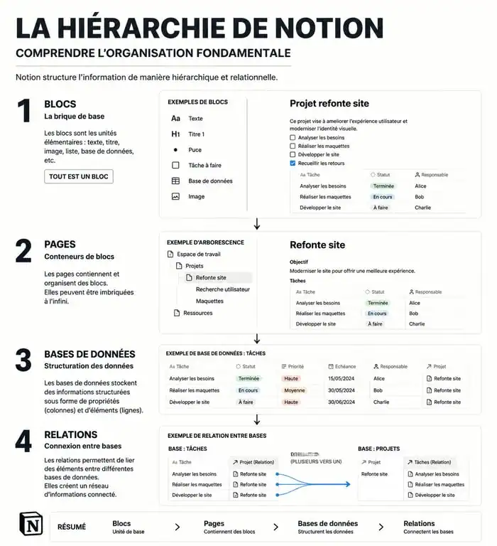 Schéma de la structure d'une formation Notion : des blocs aux bases de données