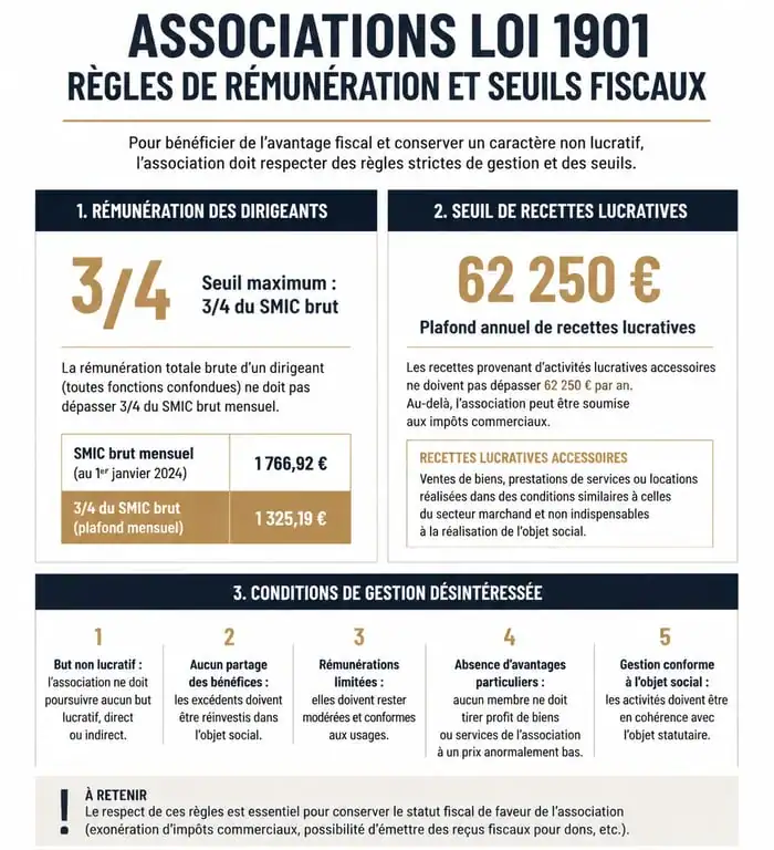 Infographie des règles de rémunération et seuils fiscaux pour créer une association et en vivre