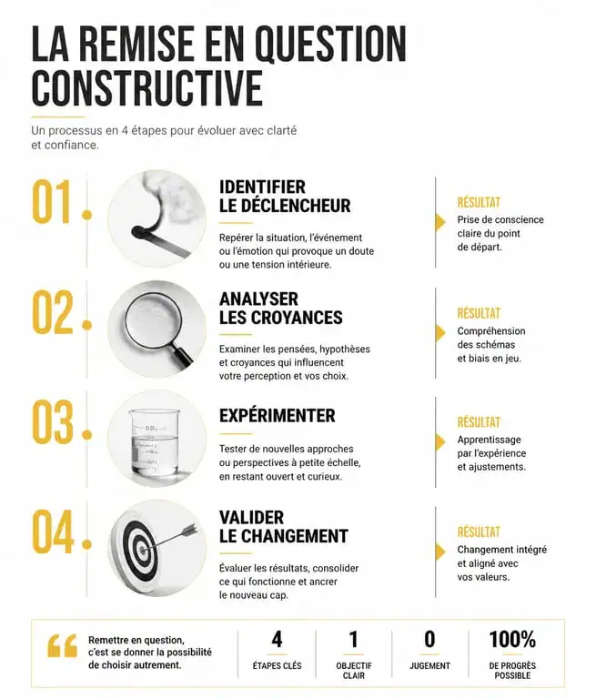 Infographie sur les 4 étapes de la remise en question pour une évolution personnelle réussie