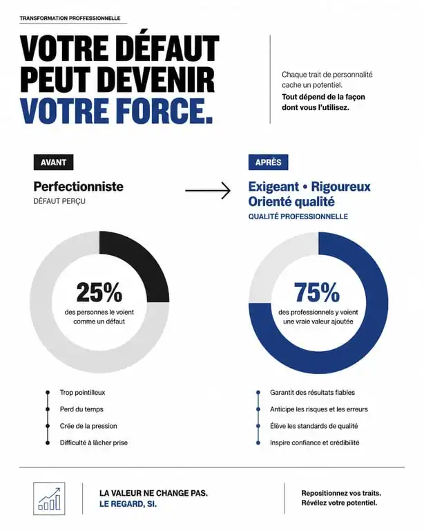 Infographie sur la transformation des défauts en qualités pour un entretien d'embauche