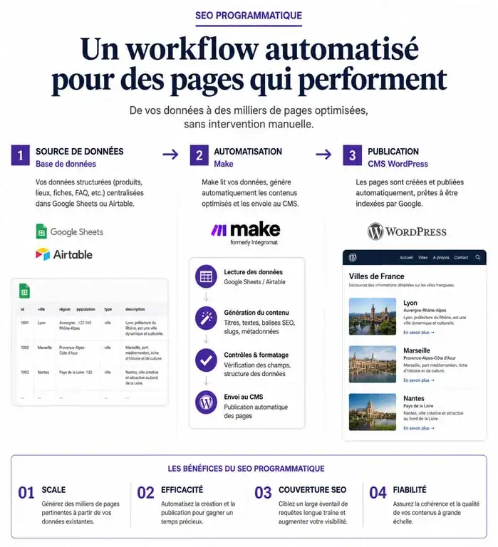 Schéma du workflow de formation SEO programmatique : automatisation de la création de contenu