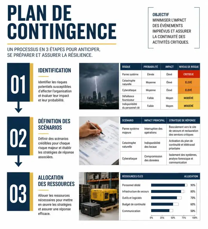Infographie illustrant les étapes clés pour élaborer un plan de contingence efficace en entreprise