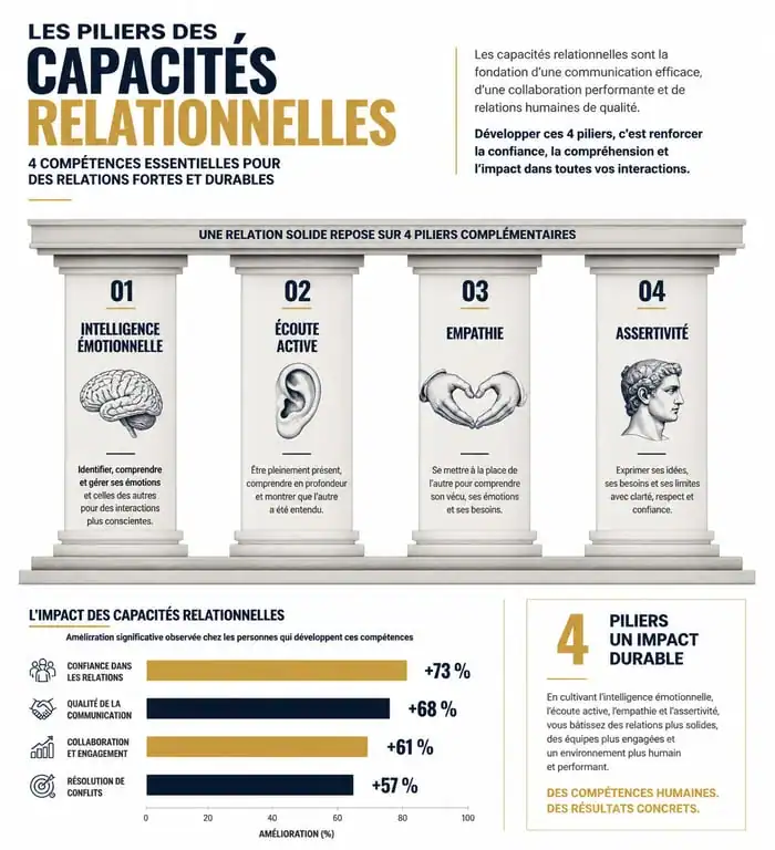 Infographie des piliers des capacités relationnelles pour réussir professionnellement