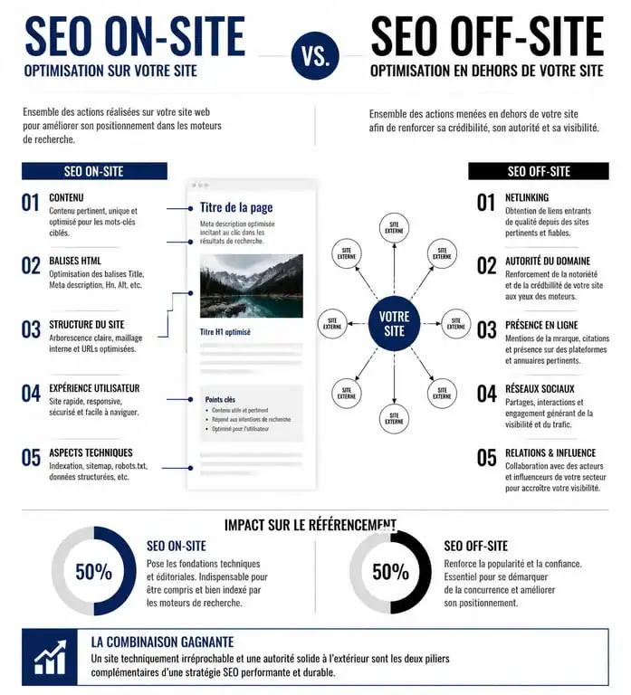 Infographie comparative SEO on-site vs SEO off-site pour l'optimisation de site web