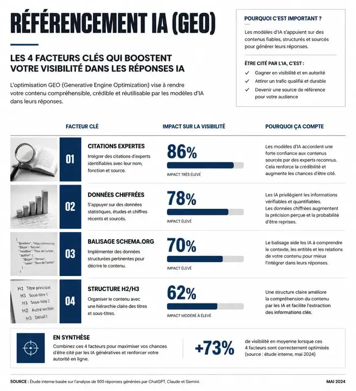 Infographie sur l'impact des techniques de référencement IA (GEO) sur la visibilité des contenus