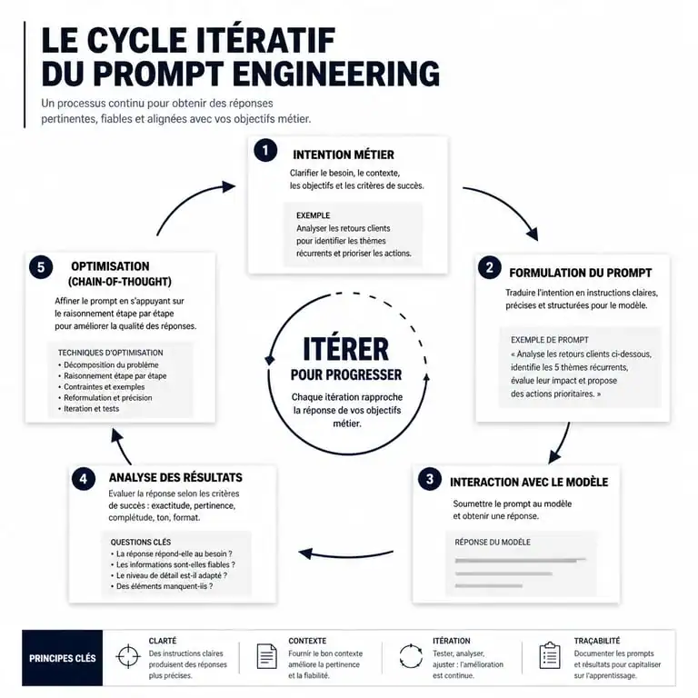 Infographie illustrant le processus de formation en prompt engineering et l'optimisation des requêtes IA