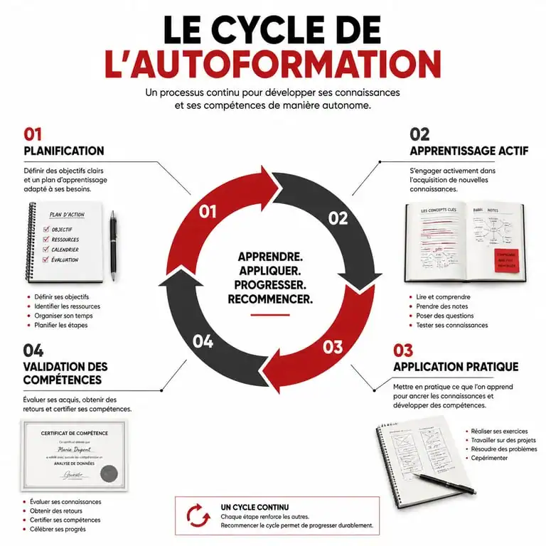 Infographie sur le cycle de l'autoformation pour réussir son apprentissage autonome