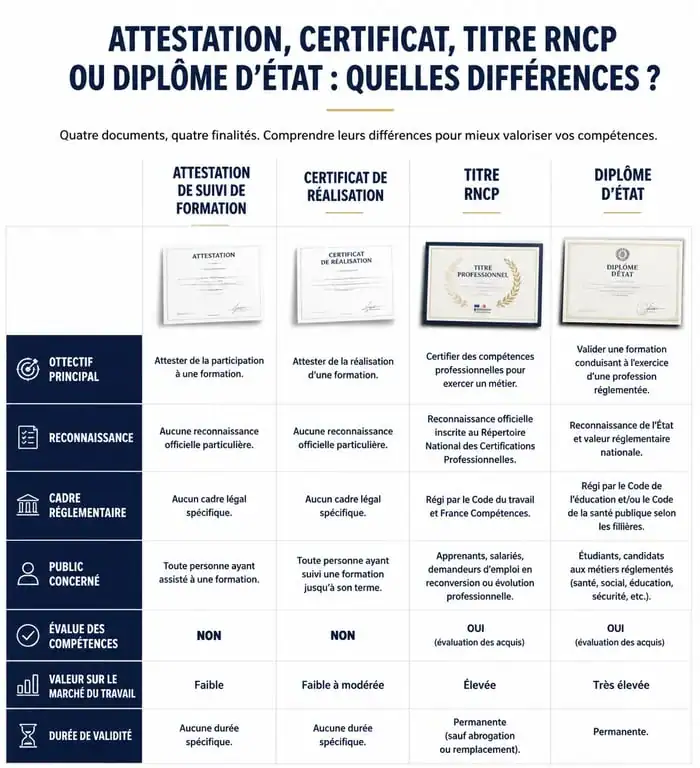 Infographie comparative : attestation de suivi de formation, certificat de réalisation, titre RNCP et diplôme